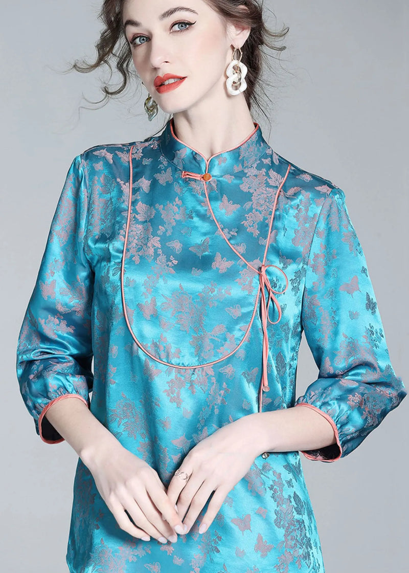 Blue Stand Collar Patchwork Jacquard Silk Blouse Tops Spring