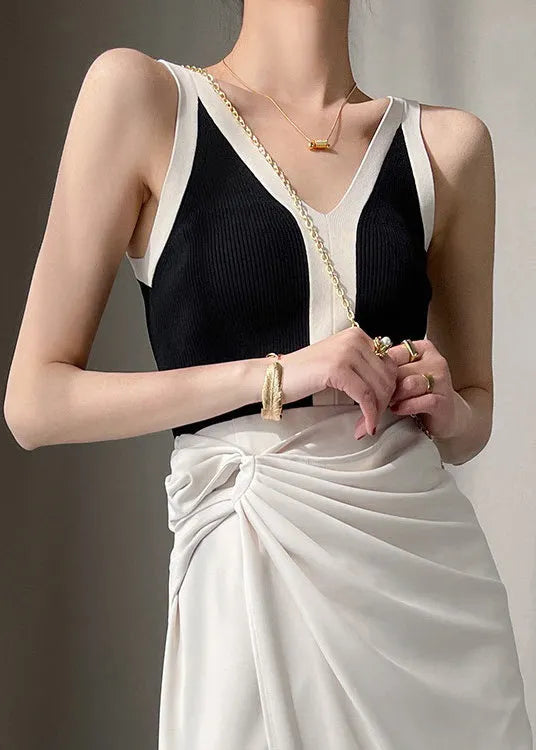 Loose Black V Neck Patchwork Knit Tanks Sleeveless
