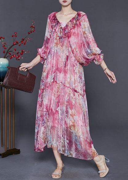 Rose Ruffles Print Silk Party Dress Spring