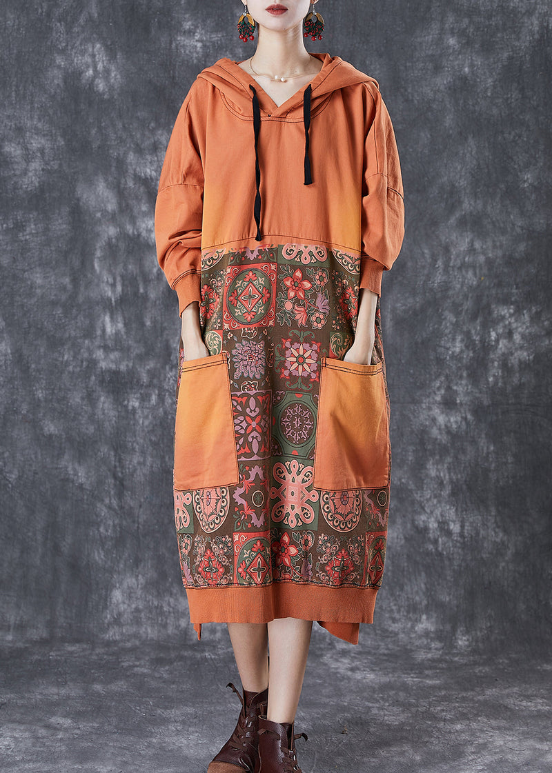 Orange Oversized Patchwork Cotton Pullover Sweatshirt Dress Fall