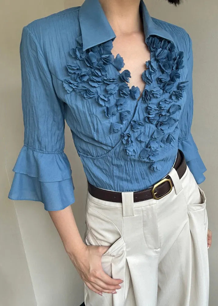 Blue Cotton Shirt Top Peter Pan Collar Flare Sleeve