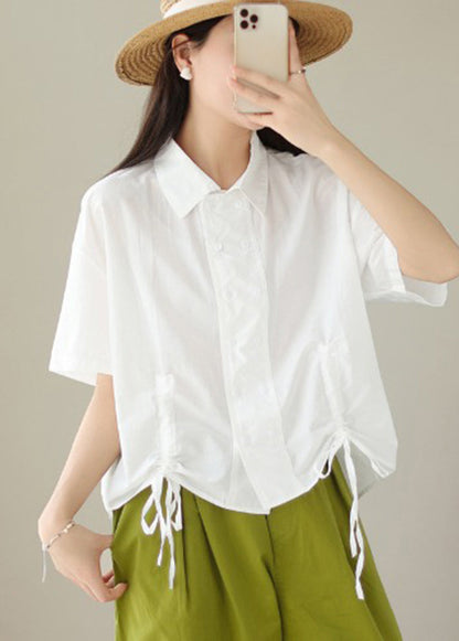 White Double Breast Drawstring Cotton Shirt Tops Summer