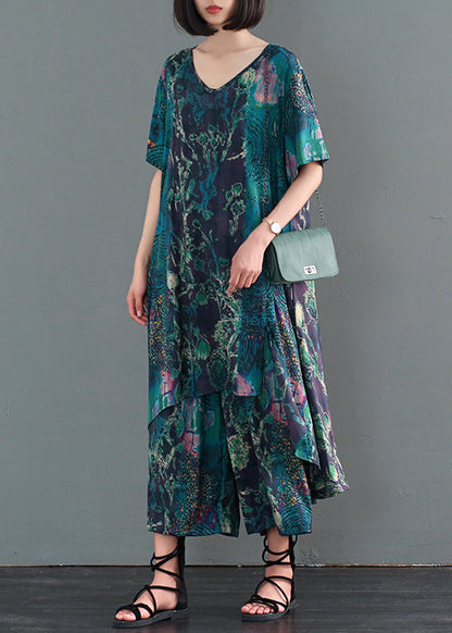 Coffee Print Low High Design Silk Holiday Dress and Pant Two Pieces Set Fall