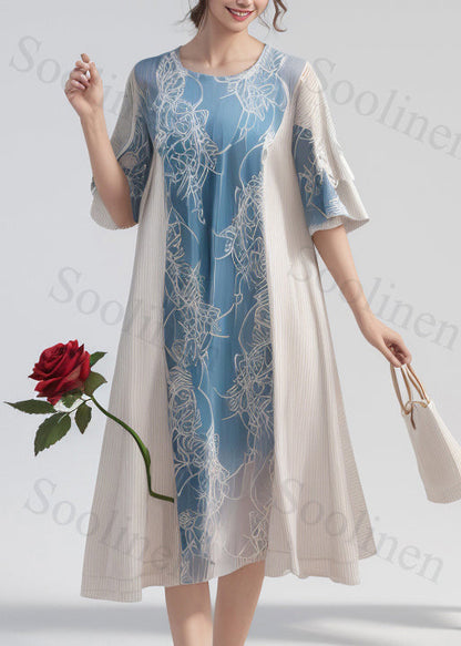 Colorblock O Neck Print Silk Long Dress Summer