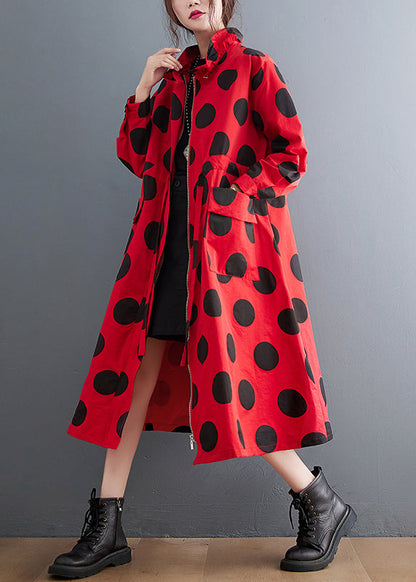 Red Ruffled Pockets Dot Drawstring Cotton Coats Spring
