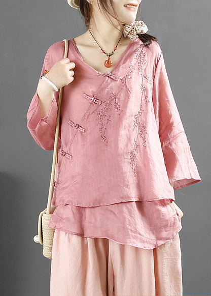 Purple V Neck Embroideried Chinese Button Linen Tops Summer