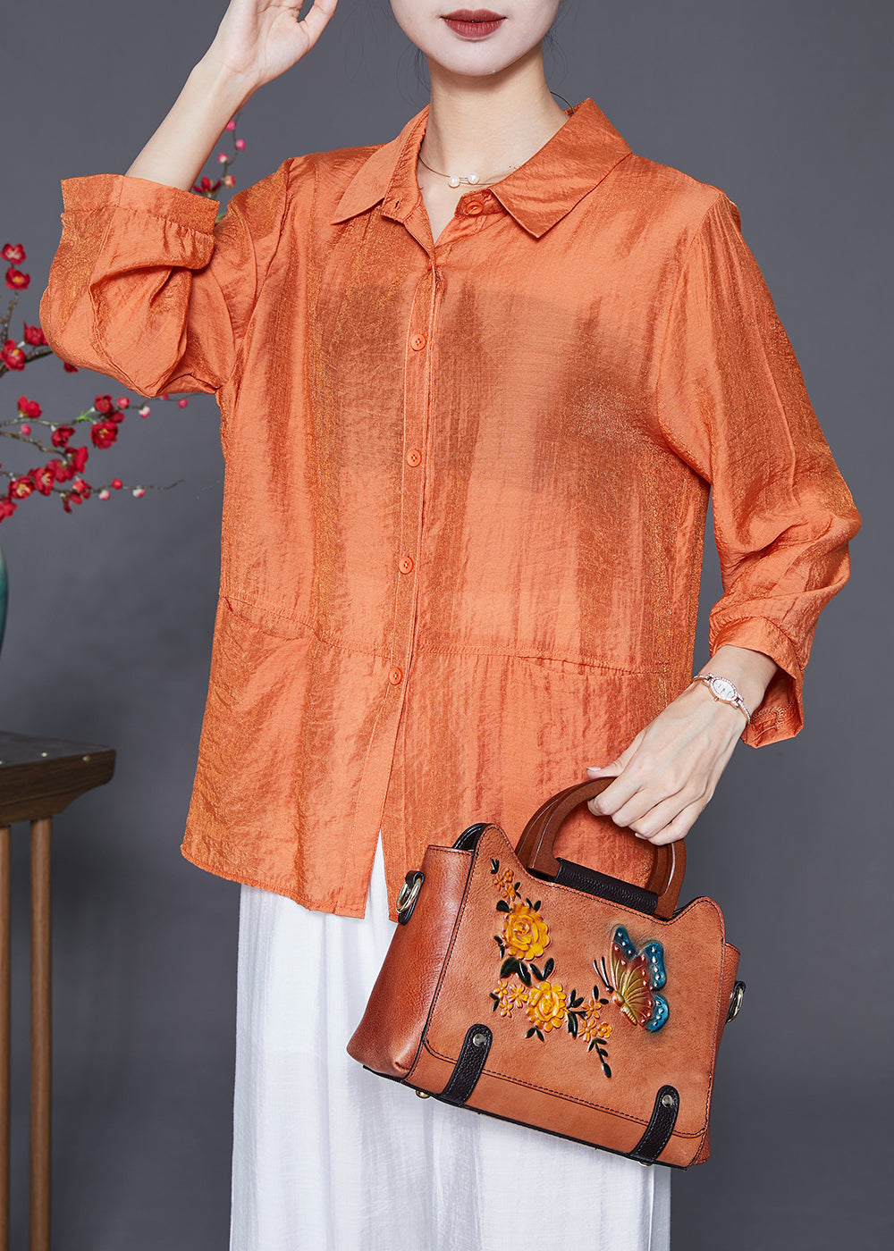 Orange Oversized Patchwork Linen Silk Shirt Top Fall