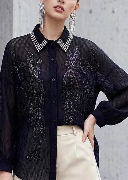 New Black Peter Pan Collar Nail Bead Sequins Shirt Tops Spring