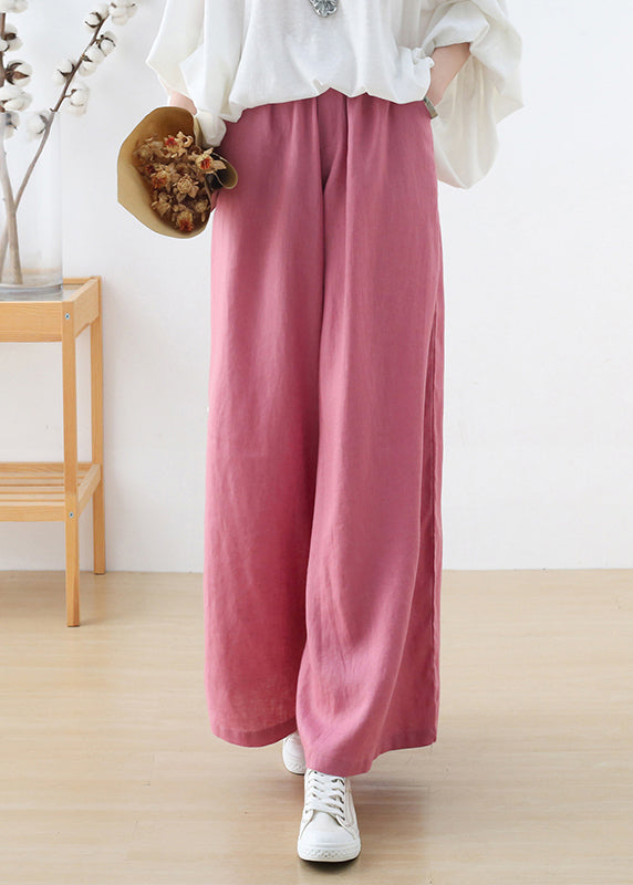 Pink Elastic Waist Pockets Linen Wide Leg Pants Fall