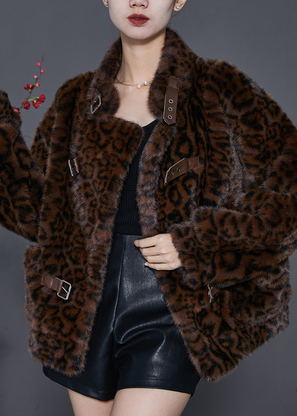 Brown Oversized Leopard Print Mink Velvet Jackets Spring