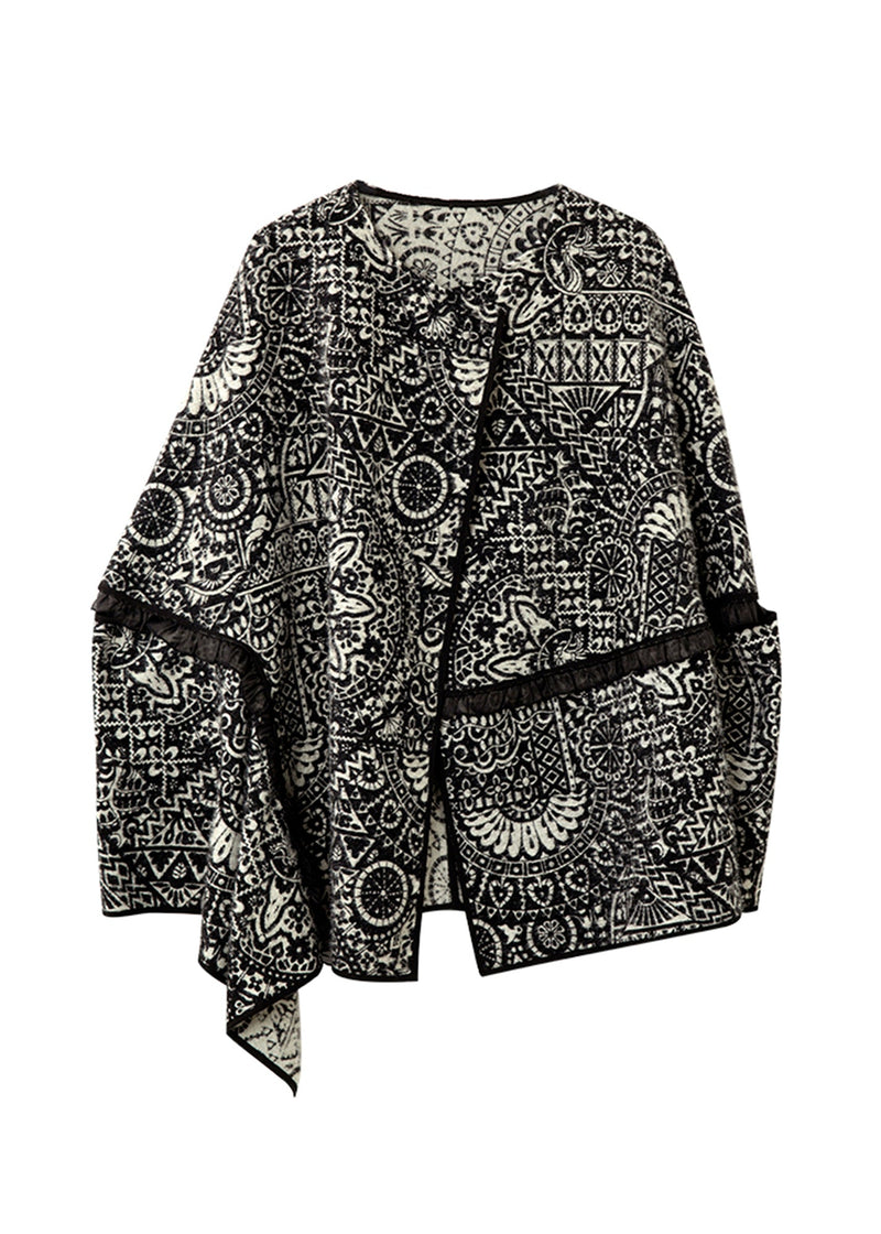 Black O Neck Ruffled Jacquard Woolen Coats Batwing Sleeve Fall