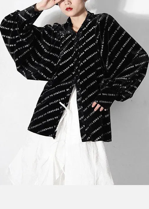 Loose Black Peter Pan Collar Button Graphic Shirt Spring