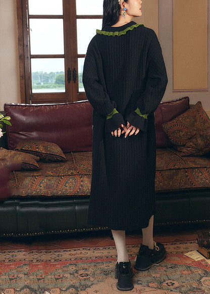 Black V Neck Print Ruffled Patchwork Cotton Knit Long Dress Fall