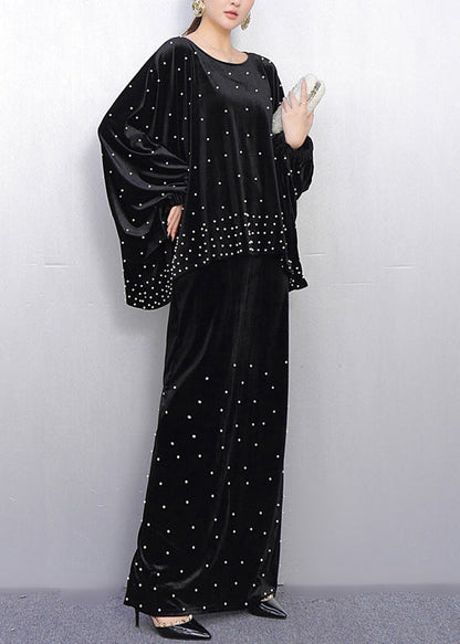 French Black Oversized Nail Bead Silk Velvet Two Piece Set Spring