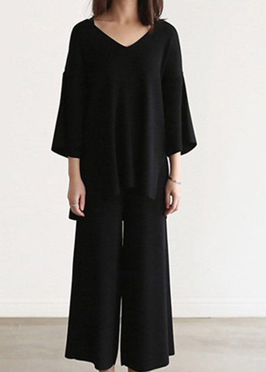 Black Knit Top and Wide Leg Pants Two Pieces Set Spring