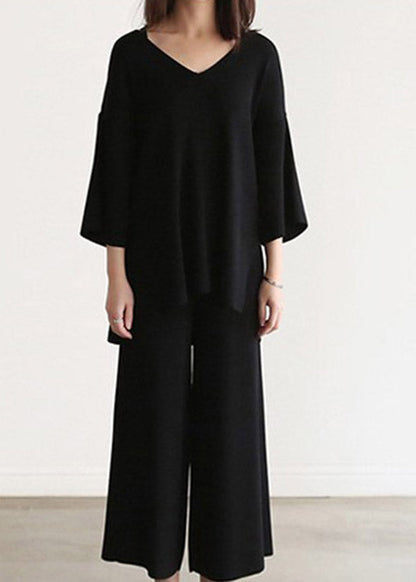 Black Knit Top and Wide Leg Pants Two Pieces Set Spring