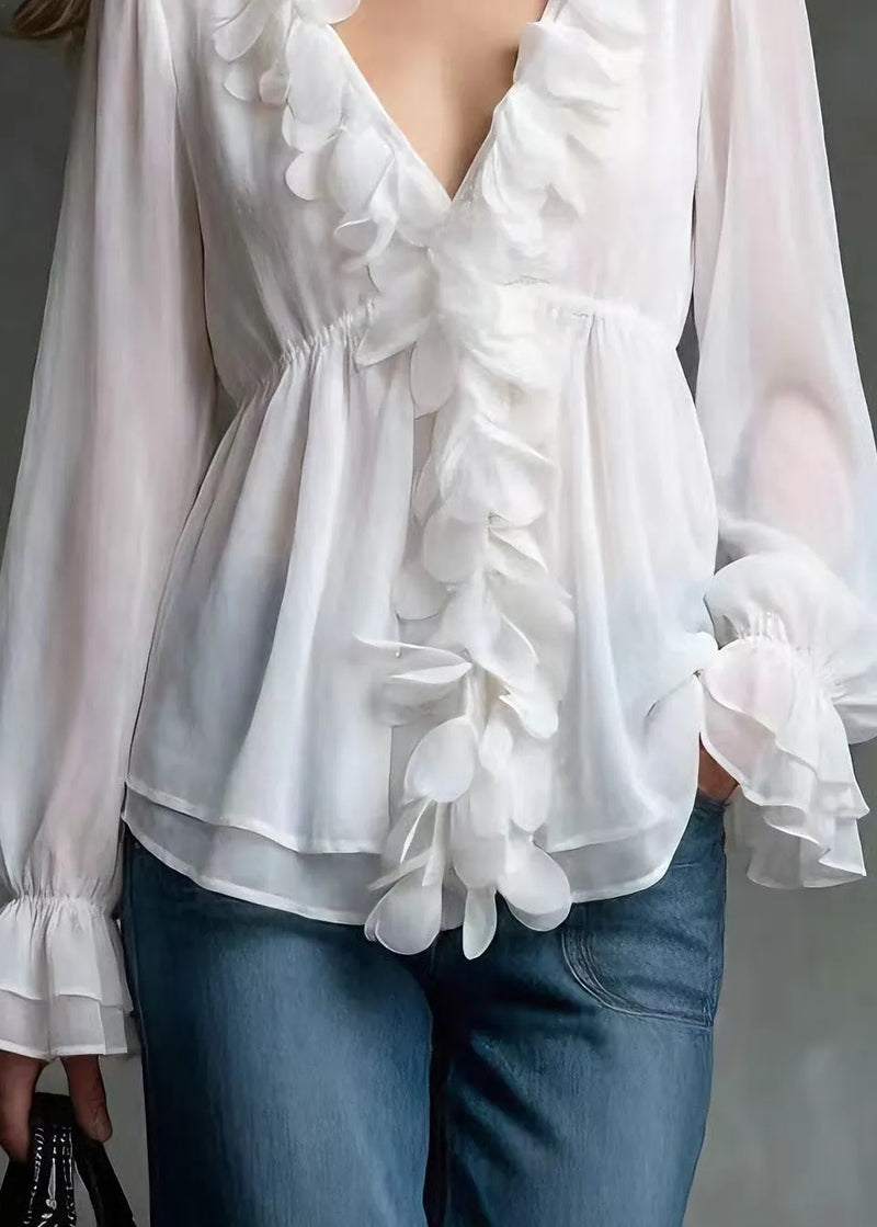 White V Neck Petal Chiffon Shirts Spring