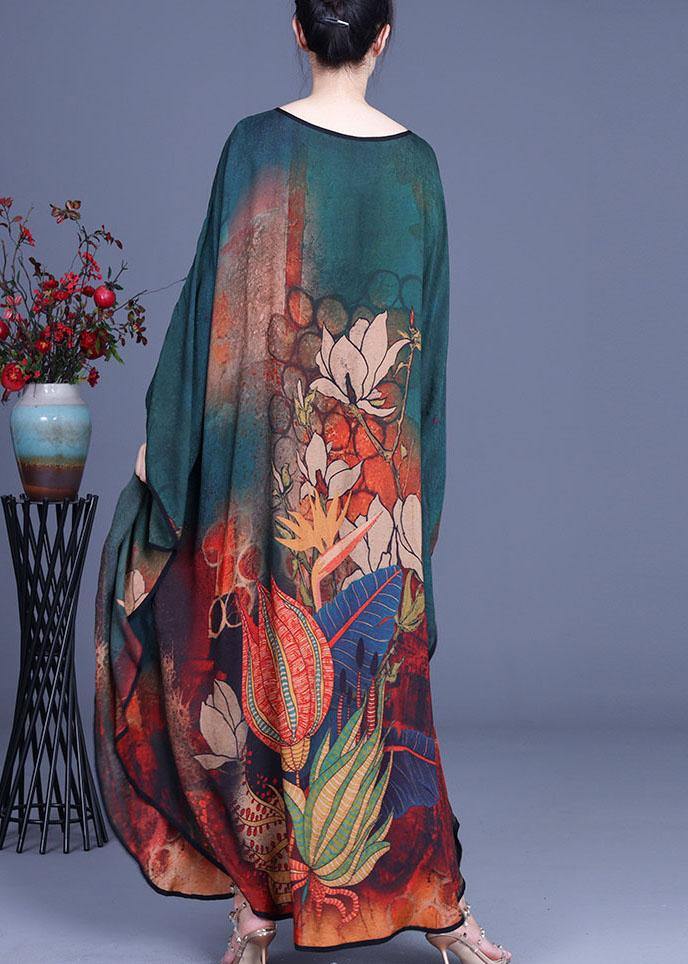 Boutique Green Print Button Retro O-neck Summer Chiffon Dresses