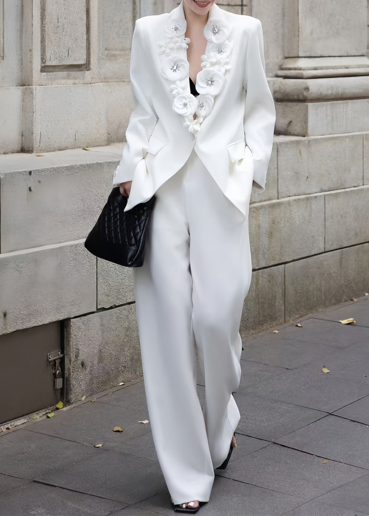 Italian White Decorated Suit Coat and Pants Two Pieces Set Fall