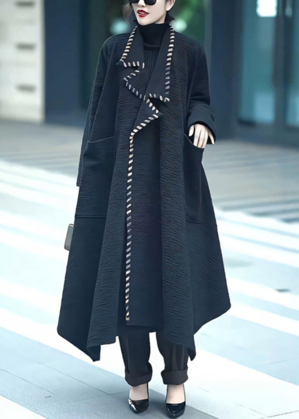 Loose Black Notched Pockets Cotton Coats Winter