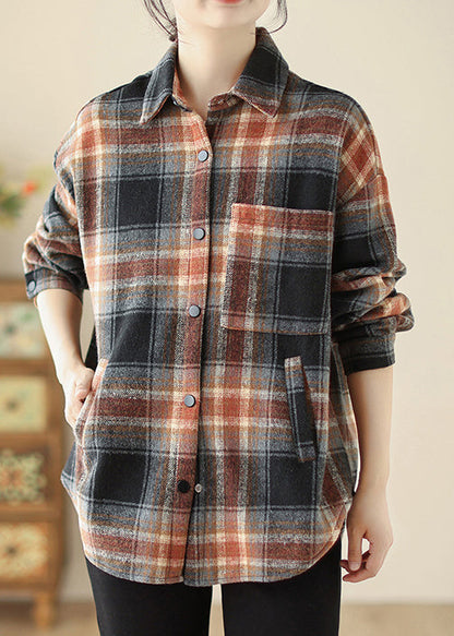 Loose Peter Pan Collar Plaid Warm Fleece Shirt Top Spring