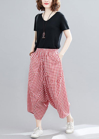 Red Plaid Large Elastic Waist Pants