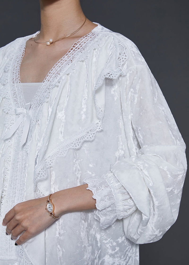 French White V Neck Ruffles Silk Velour Long Dress Fall