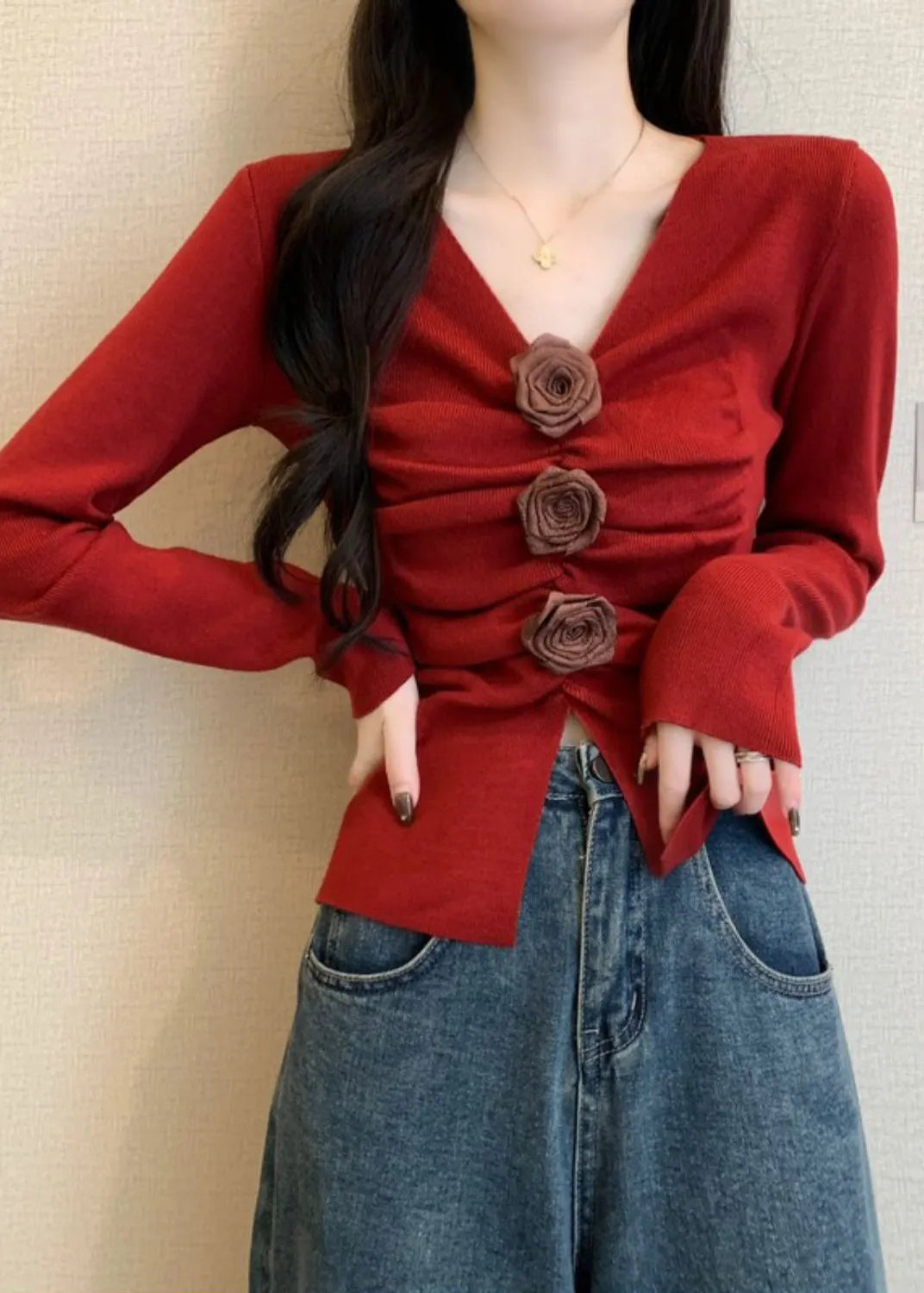 Stylish Red Wrinkled Knit Sweater Spring