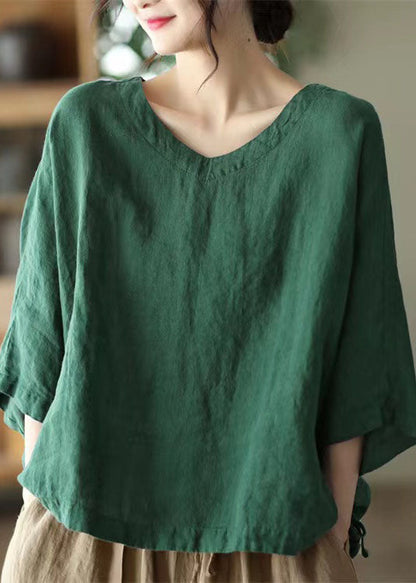 Green O-neck Embroideried Linen Top Long Sleeve
