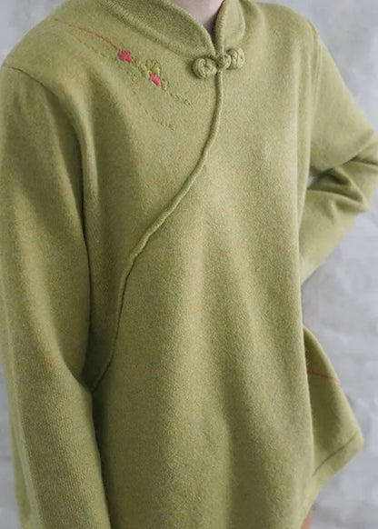 Style Yellow Retro Embroideried Fall Knit Tops