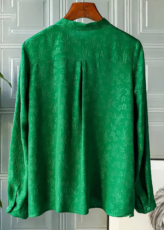 Retro Green Mandarin Collar Button Asymmetrical Design Jacquard Silk Shirts Spring
