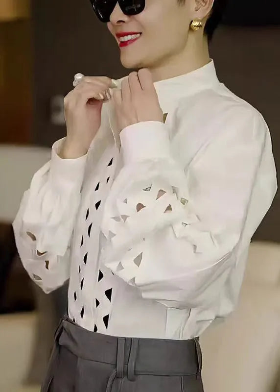 White Stand Collar Hollow Out Cotton Shirt Tops Fall