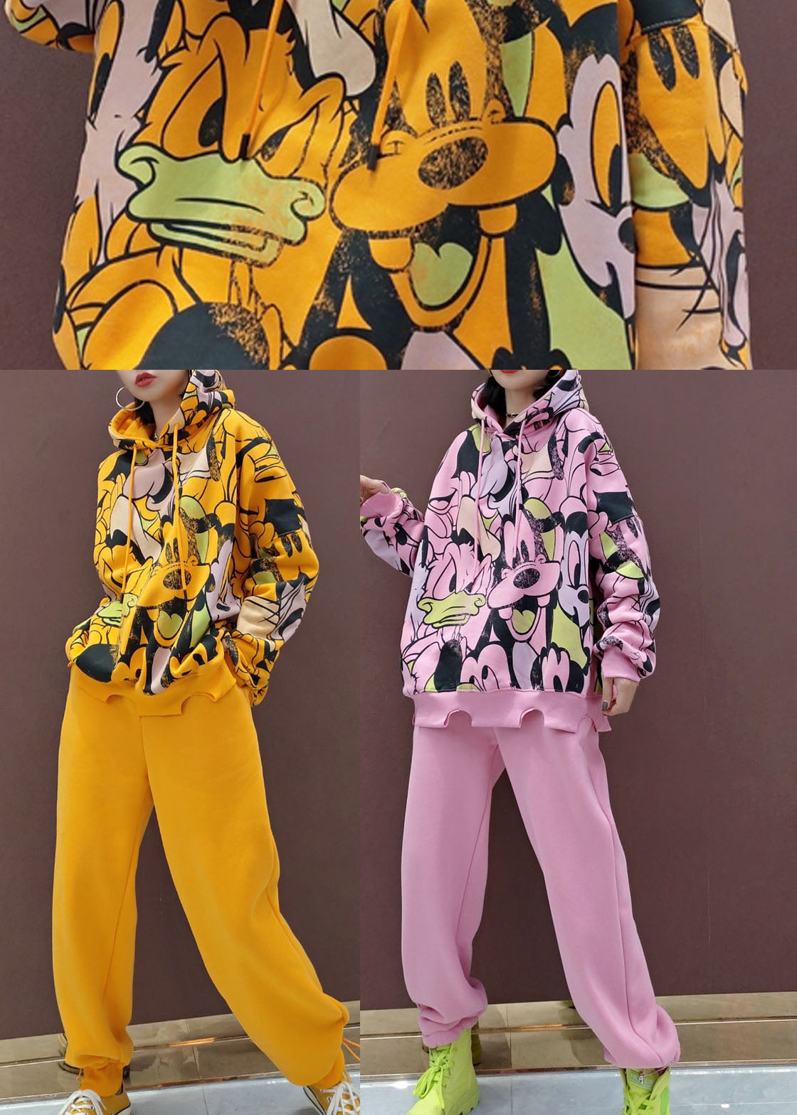 Simple Yellow Hooded Warm Fleece Sets 2 Pieces Spring