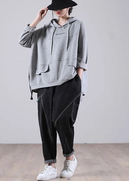 Comfy Grey Hooded Drawstring Graphic Fall Patchwork Sweatshirts Top