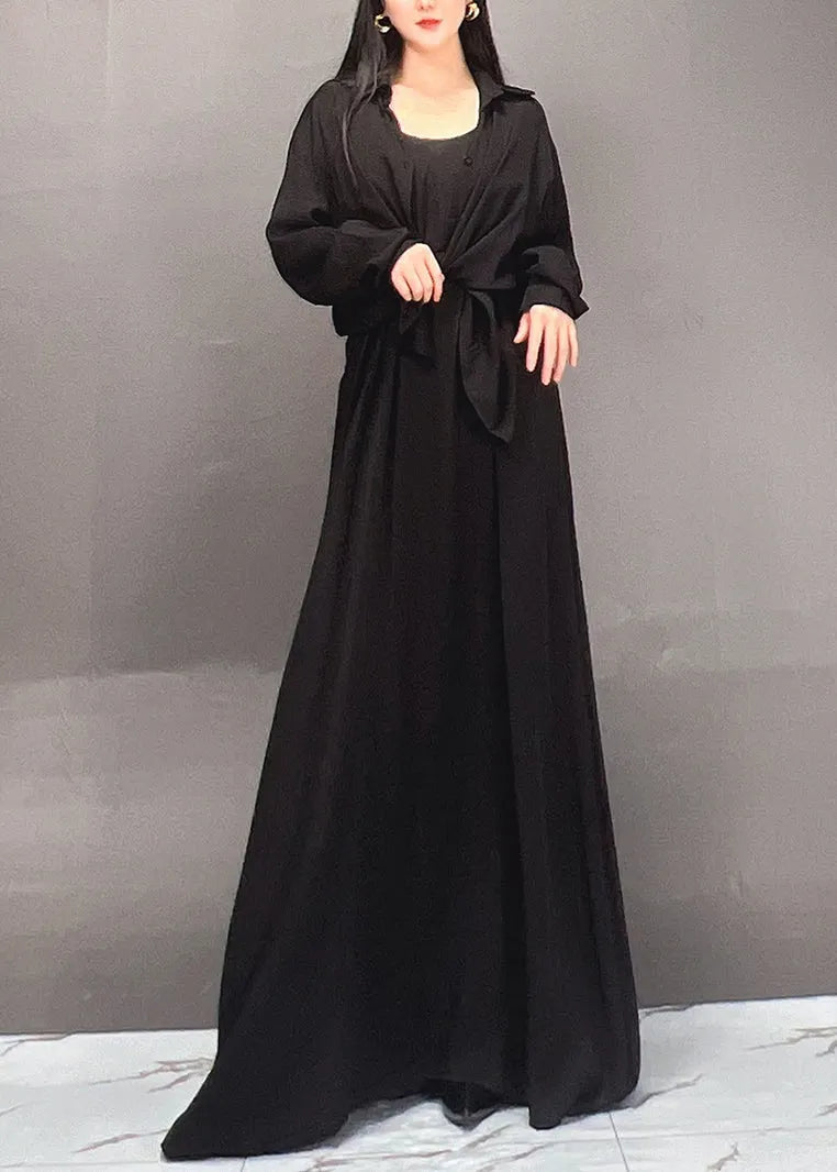 Black Peter Pan Collar Shirts and Maxi Skirts Two Piece Set Spring