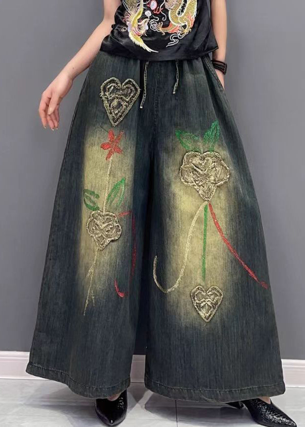 Embroidered Elastic Waist Wide Leg Jeans