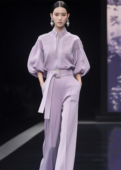 French Purple Stand Collar Sashes Spandex Two Pieces Set Lantern Sleeve Spring