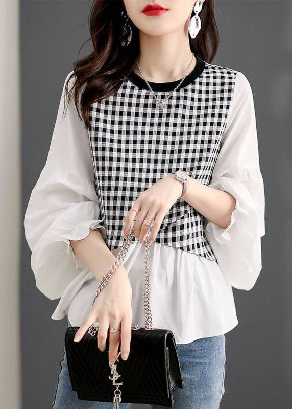 Plaid Patchwork Lantern Sleeve Top Spring