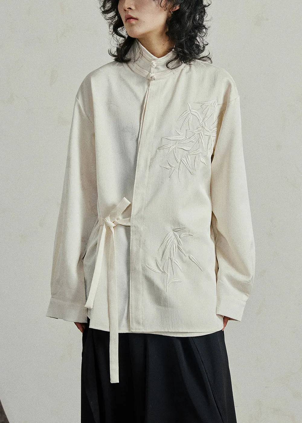 Chinese Style Beige Stand Collar Button Shirt Fall