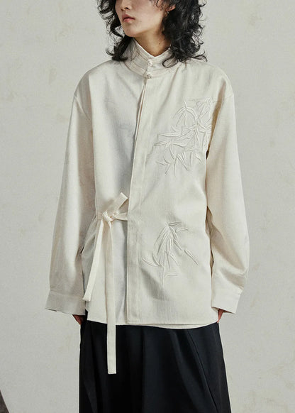 Chinese Style Beige Stand Collar Button Shirt Fall