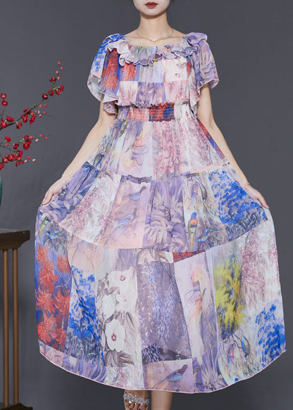 Light Purple Slash Neck Cinched Chiffon Holiday Dress Summer