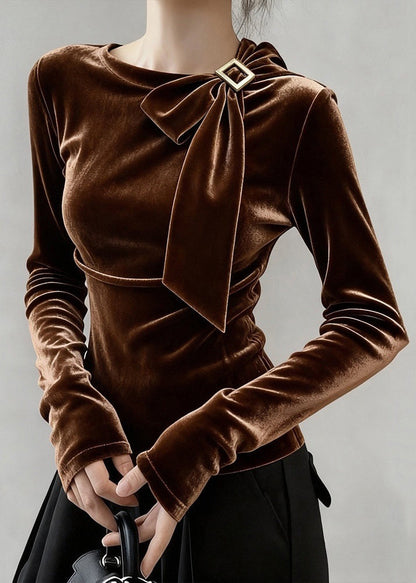 Fine Coffee Bow Silk Velour T Shirt Tops Winter