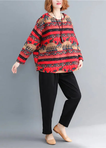 Red Oversized Print Cotton Tops Spring