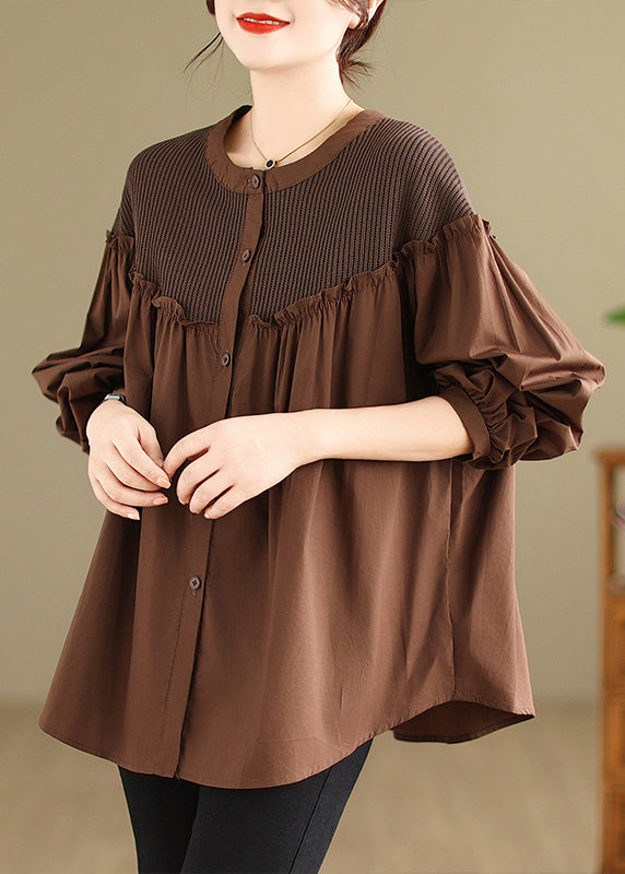 Coffee O-neck Wrinkled Shirts Long Sleeve