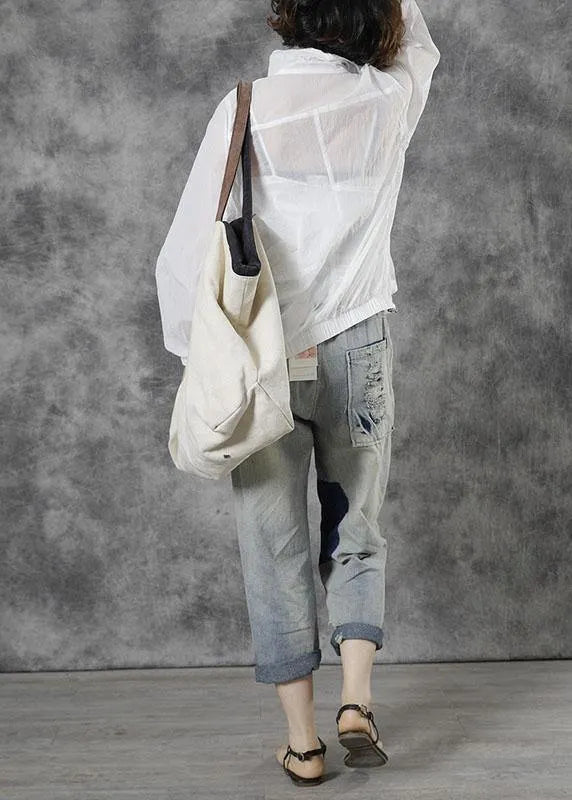 Italian White Loose Pockets Fall Tops Long Sleeve