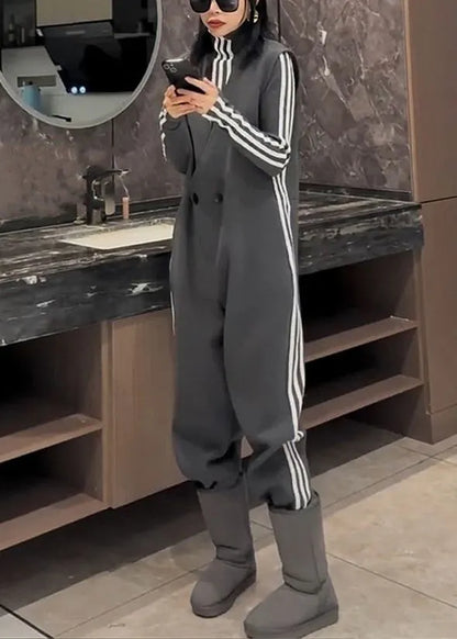 New Grey Striped Button Tops and Jumpsuit Cotton Two Pieces Set Spring