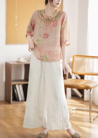 Pink Print Chinese Style Linen Top Summer