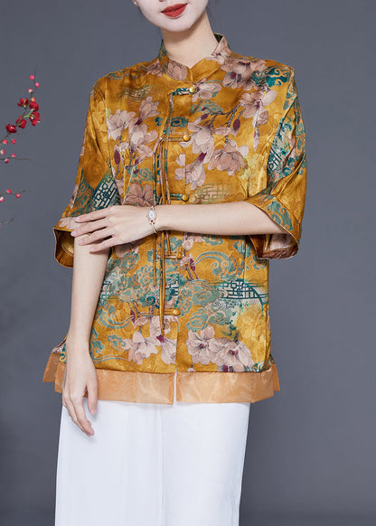 Yellow Stand Collar Patchwork Tassel Silk Blouses Half Sleeve