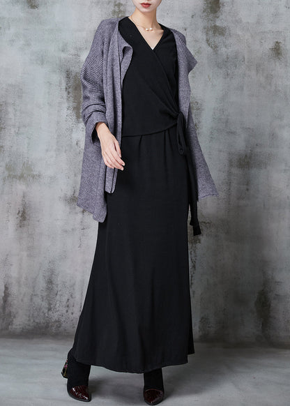 Fitted Grey Asymmetrical Silm Fit Knit Cardigan and Dress Two Pieces Set Spring