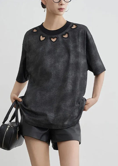Black O Neck Hollow Out Cotton T Shirt Summer